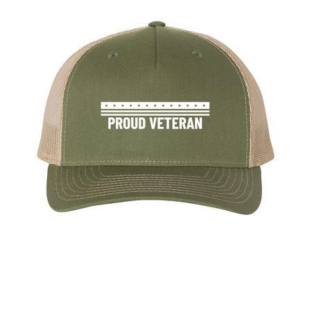 Proud Veteran - Hat Collection, a Army Olive Green/ Tan Printed Five-Panel Trucker Cap