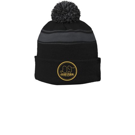 DT Guitars - Beanies, a Black/ Iron Grey Printed Stripe Pom-Pom Beanie