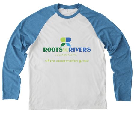 Support Roots and Rivers Collaborative, a Azure Blue/ Bright White Allmade Eco Triblend Colorblock Raglan Long Sleeve Tee