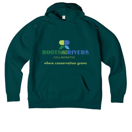 Support Roots and Rivers Collaborative, a Deep Sea Green Allmade Organic CVC Pullover Hoodie