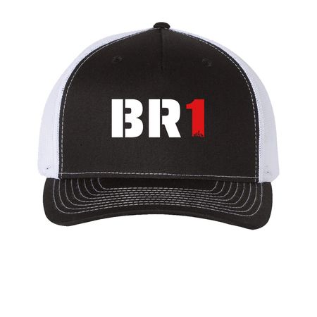 BR1 Hats, a Black/ White Printed Five-Panel Trucker Cap