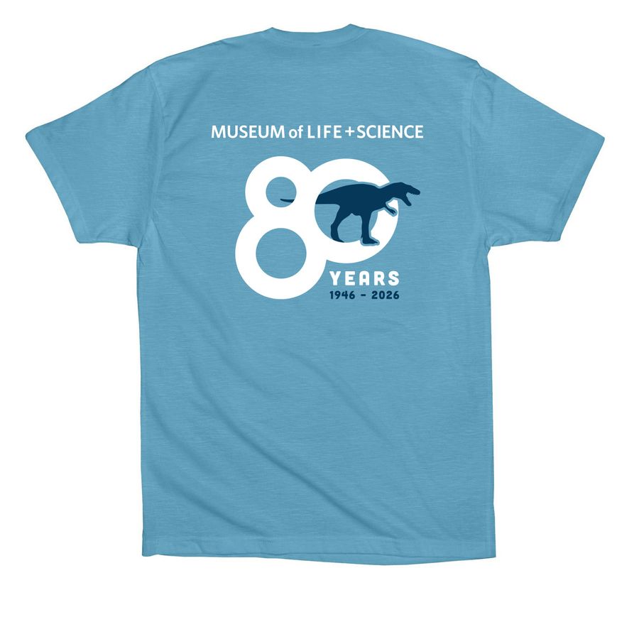 Celebrating 80 Years - Dino T-shirts, a Ocean Blue Premium Cotton Tee (back-view)