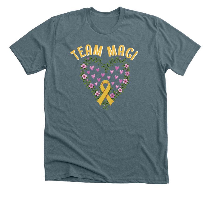 Team Maci shirts using Maci's drawing, a Heather Slate Premium Unisex Tee