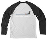What's for breakfast?, a Space Black/ Bright White Allmade Eco Triblend Colorblock Raglan Long Sleeve Tee (back-view)