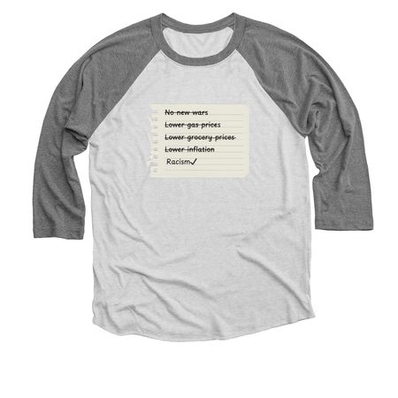 Racism??, a Premium Heather and Heather White 3/4 Sleeve Baseball Tee