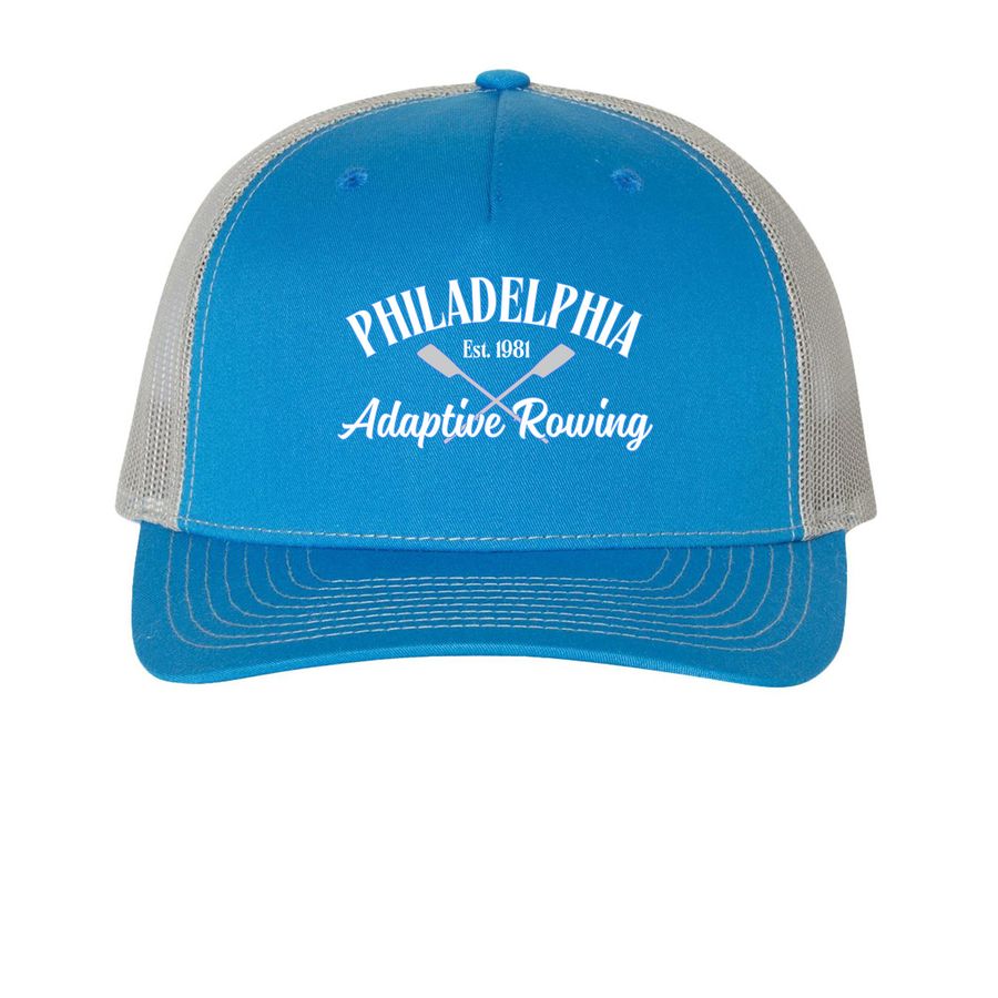 PAR Rowing Hat - "Cream Cheese", a Cobalt Blue/ Grey Printed Five-Panel Trucker Cap