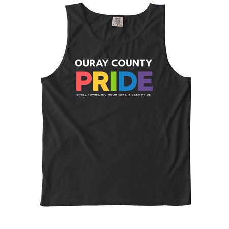 2026: Ouray County Pride Basic (white font), a Black Comfort Colors Tank Top