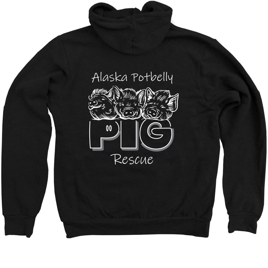 Alaska Potbelly Pig Rescue Zip-Up Hoodies, a Black Zip Up Hoodie (back-view)