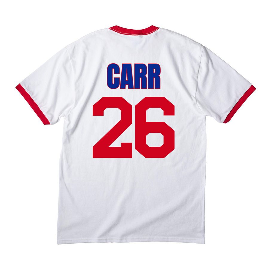 Carr, a White/ Red Cotton Ringer Tee (back-view)