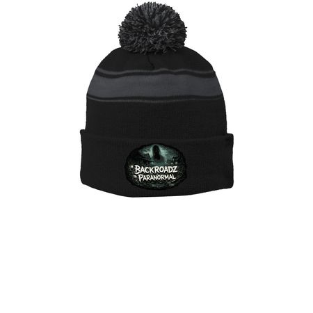 Backroadz Paranormal Beanie, a Black/ Iron Grey Printed Stripe Pom-Pom Beanie