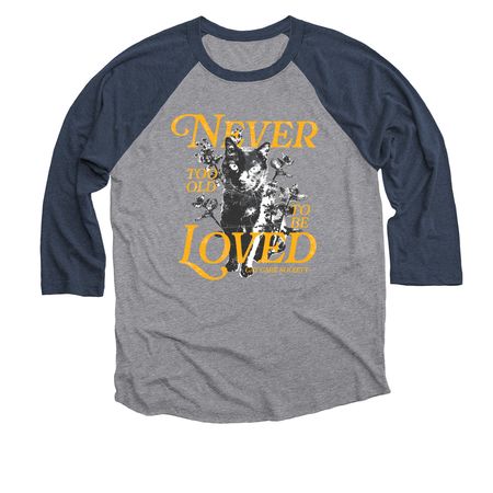 Never Too Old to Be Loved, a Vintage Navy and Premium Heather 3/4 Sleeve Baseball Tee