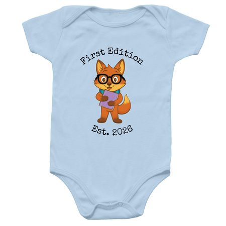 First Edition Est. 2026, a Light Blue Infant Onesie