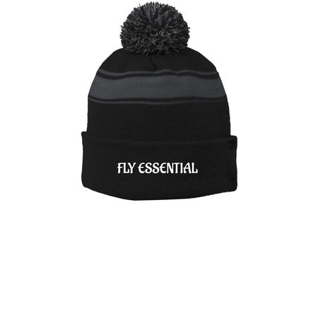 FLY ESSENTIAL BEANIE&nbsp;, a Black/ Iron Grey Printed Stripe Pom-Pom Beanie