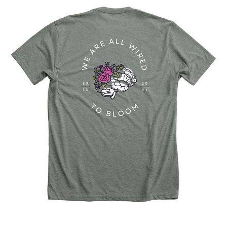 Wired to Bloom Basics 2.0, a Deep Heather Premium Unisex Tee (back-view)
