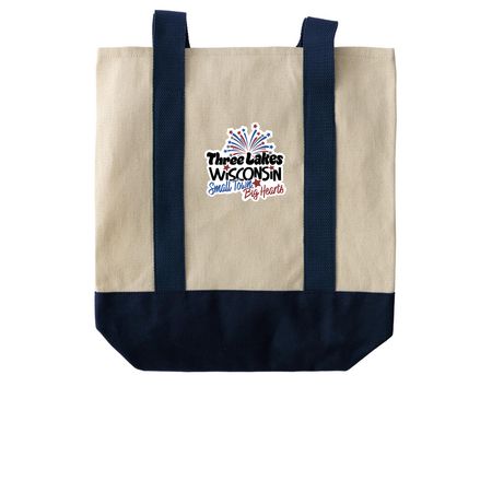 Holiday Weekend Tote Bags, a Natural/Navy Two-Tone Grocery Tote Bag (back-view)