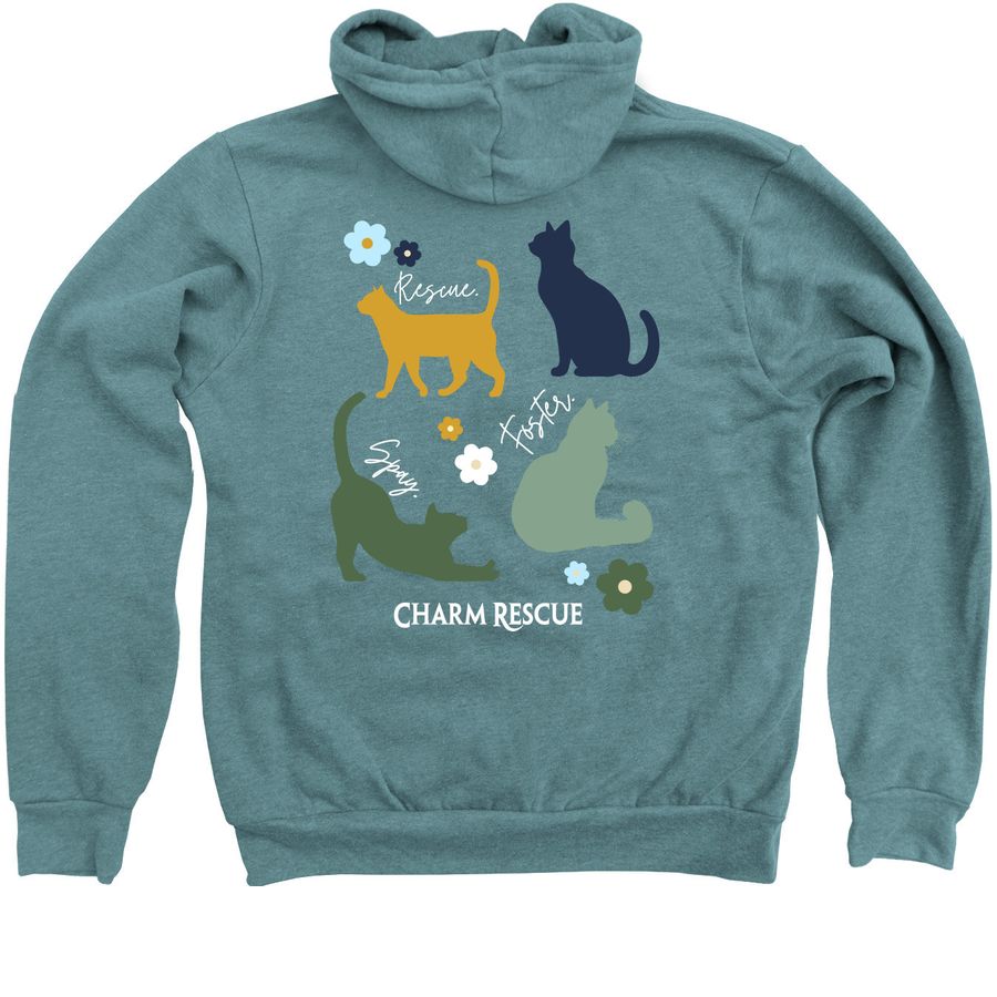 Love Has Whiskers, a Heather Deep Teal Zip Up Hoodie (back-view)