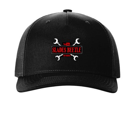 Slade's Member Hats, a Black Printed Five-Panel Trucker Cap