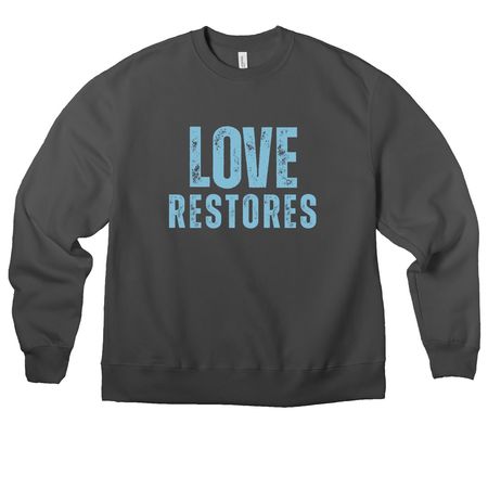 LOVE RESTORES - light blue, a Asphalt Premium Heavyweight Crewneck Sweatshirt