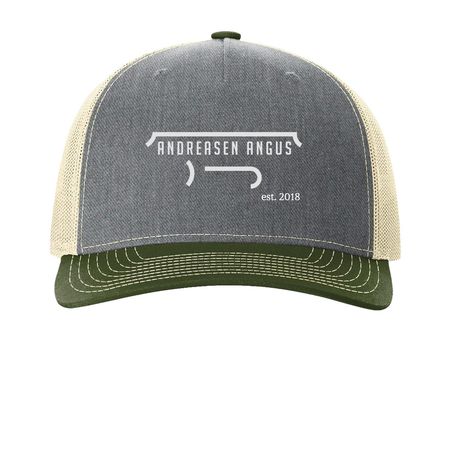 Double A hats, a Heather Grey/ Birch/ Army Olive Printed Five-Panel Trucker Cap