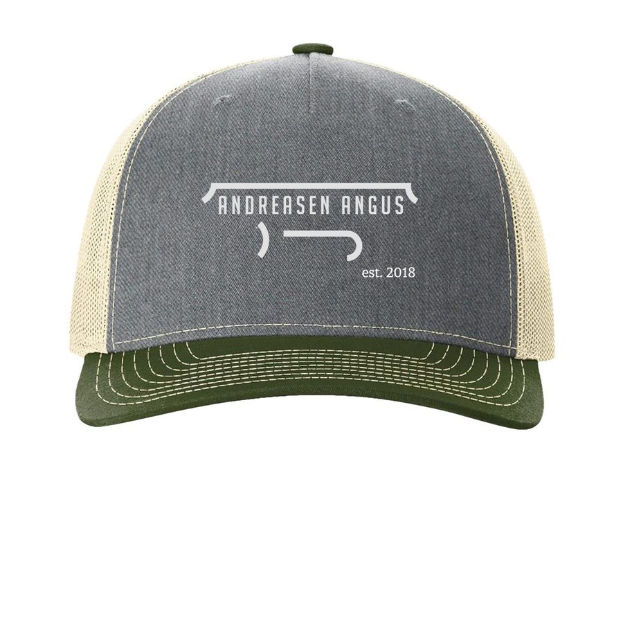 Double A hats, a Heather Grey/ Birch/ Army Olive Printed Five-Panel Trucker Cap