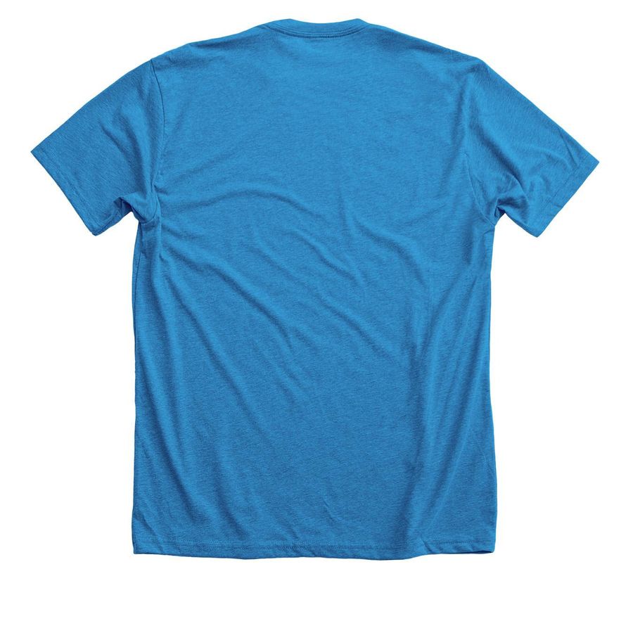Namast'ay Home with my Rescue Cat, a Neon Blue Premium Unisex Tee (back-view)