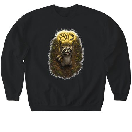 Paws Play Racoon, a Black Softstyle Crewneck Sweatshirt