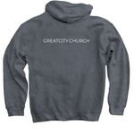 Doing Life Together, a Dark Heather Pullover Hoodie (back-view)