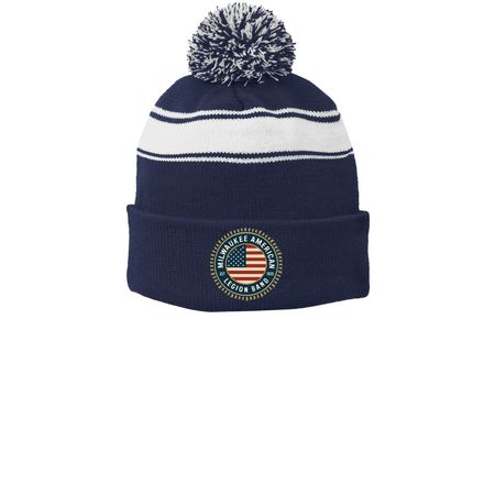 MALB Hat, a True Navy/ White Printed Stripe Pom-Pom Beanie
