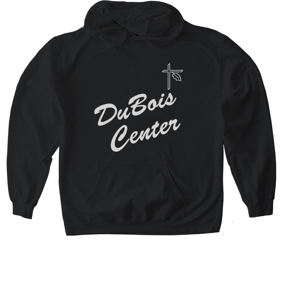 DuBois Center Vintage Design (white text), a Black Gildan Softstyle Pullover Hoodie