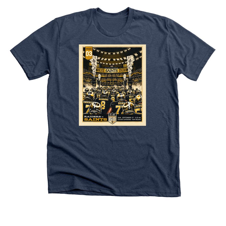 Raiders Vs Saints New Orleans LA T-Shirt, a Heather Navy Premium Unisex Tee
