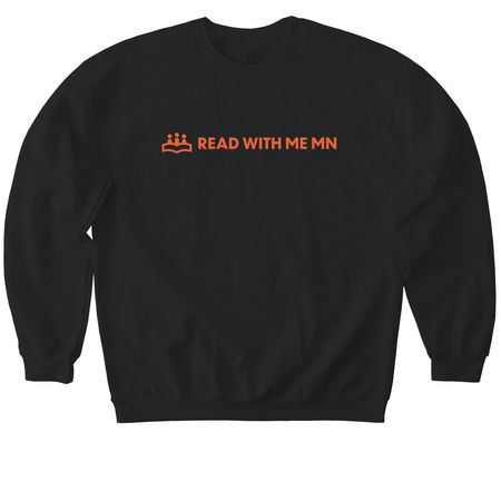 Read With Me MN Merch Orange Design, a Black Softstyle Crewneck Sweatshirt