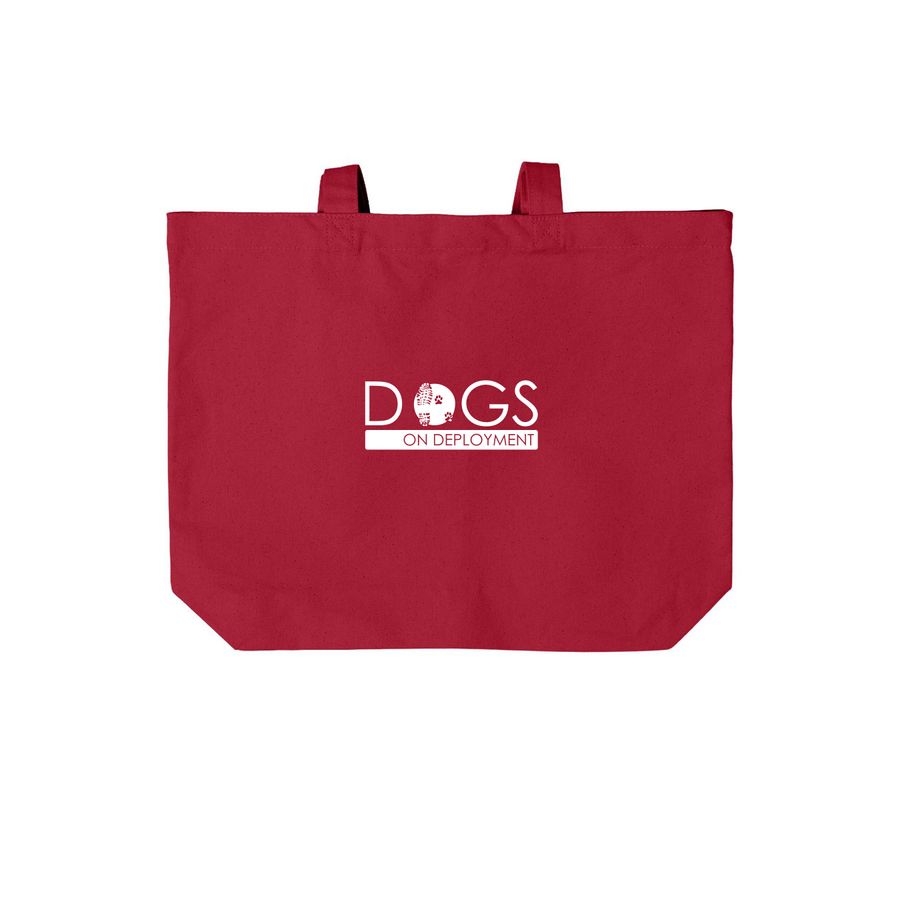 Dogs on Deployment Tote (White Logo), a Deep Red Cotton Canvas Tote Bag