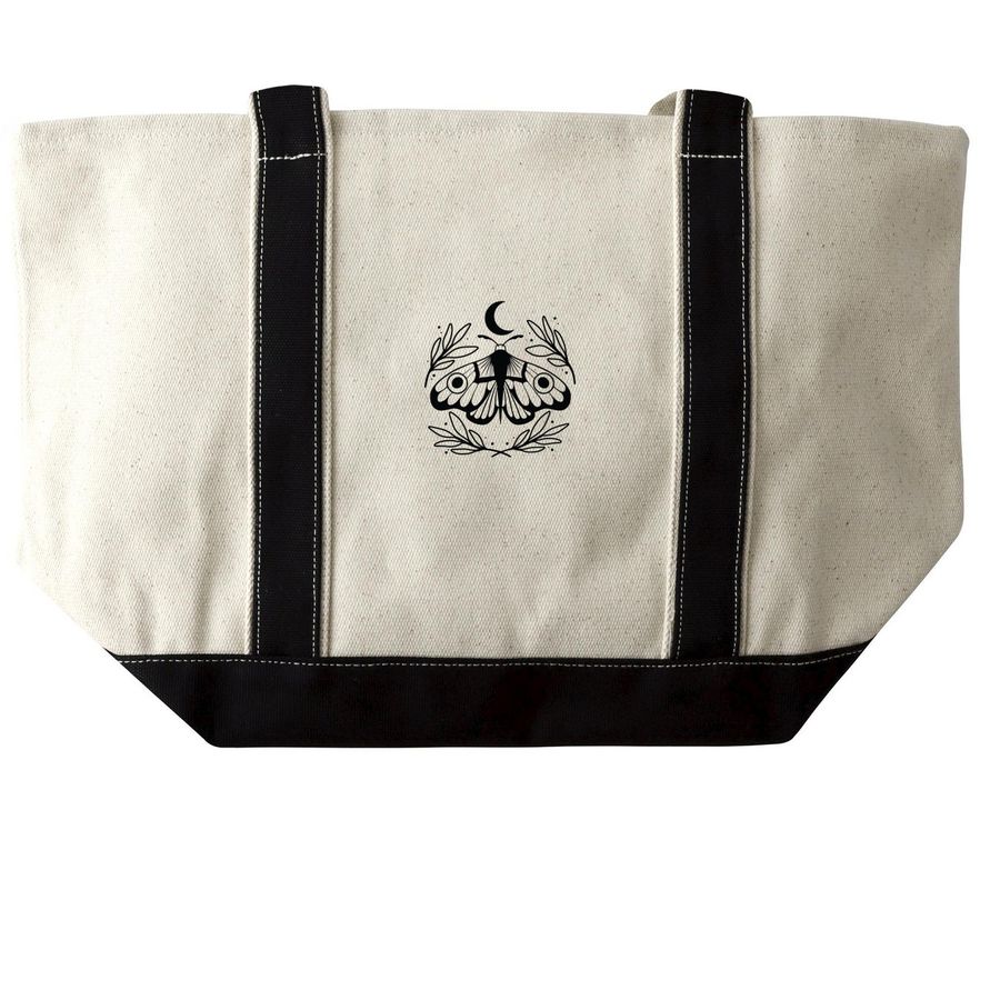 The Black Bird Oracle Series, a Natural/Black Large Two-Tone Canvas Tote Bag (back-view)