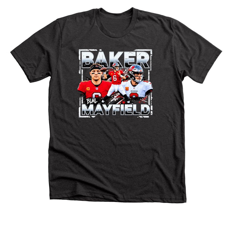 Tampa Bay Buccaneers Baker Mayfield Retro 90s, a Dark Grey Heather Premium Unisex Tee