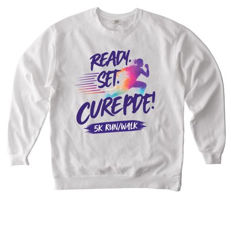 Racing Towards a Cure: Virtual 5k Tshirt, a White Comfort Colors Crewneck Sweatshirt