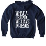 What a friend we have in Jesus, a Navy Softstyle Youth Pullover Hoodie (back-view)