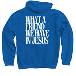 What a friend we have in Jesus, a Royal Blue Pullover Hoodie (back-view)