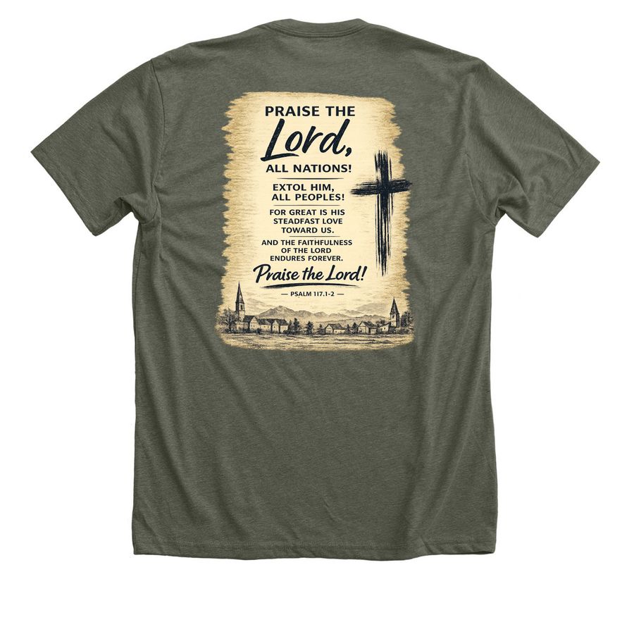 MISSION TO ROMANIA 2026, a Heather Military Green Premium Unisex Tee (back-view)