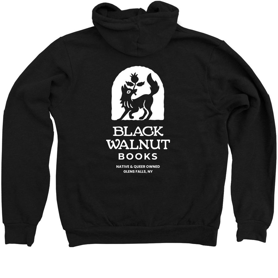 Black Walnut Books Coyote, a Black Zip Up Hoodie (back-view)