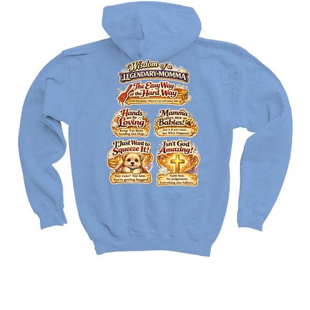 WISDOM OF A LEGENDARY MOMMA., a Carolina Blue Youth Pullover Hoodie