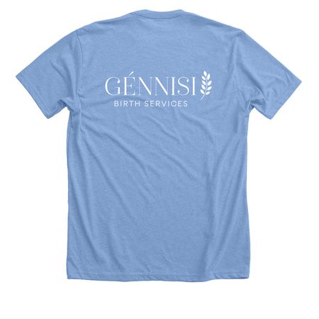 Ask me about my homebirth, a Heather Carolina Blue Premium Unisex Tee (back-view)