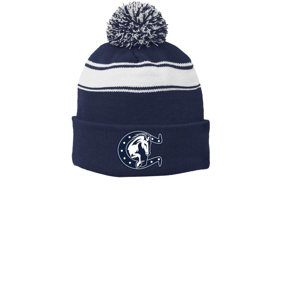 Colts Printed Beanies, a True Navy/ White Printed Stripe Pom-Pom Beanie