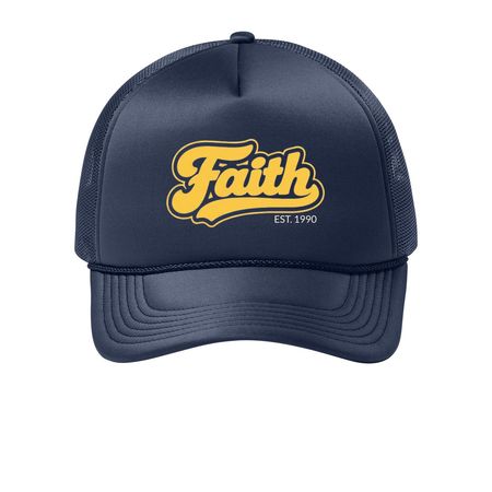 Faith 1990 Hat, a True Navy Printed Foam Trucker Hat