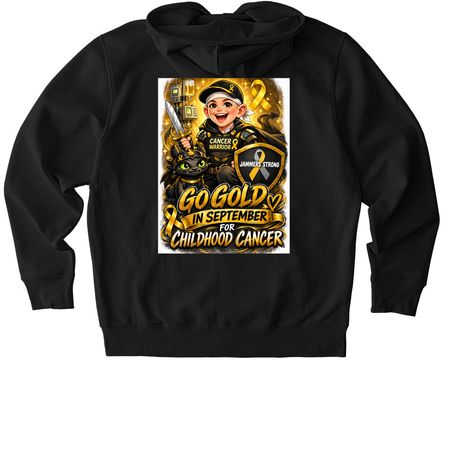 GO GOLD FOR CHILDHOOD CANCER, a Black Stanley/Stella Unisex Cultivator 2.0 Zip Up Pullover Hoodie (back-view)