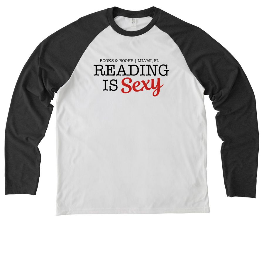 Reading is Sexy, a Space Black/ Bright White Allmade Eco Triblend Colorblock Raglan Long Sleeve Tee