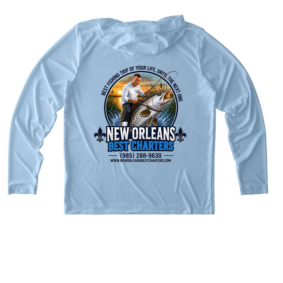 Fishing shirts!, a Light Blue UV Performance Long Sleeve Hoodie