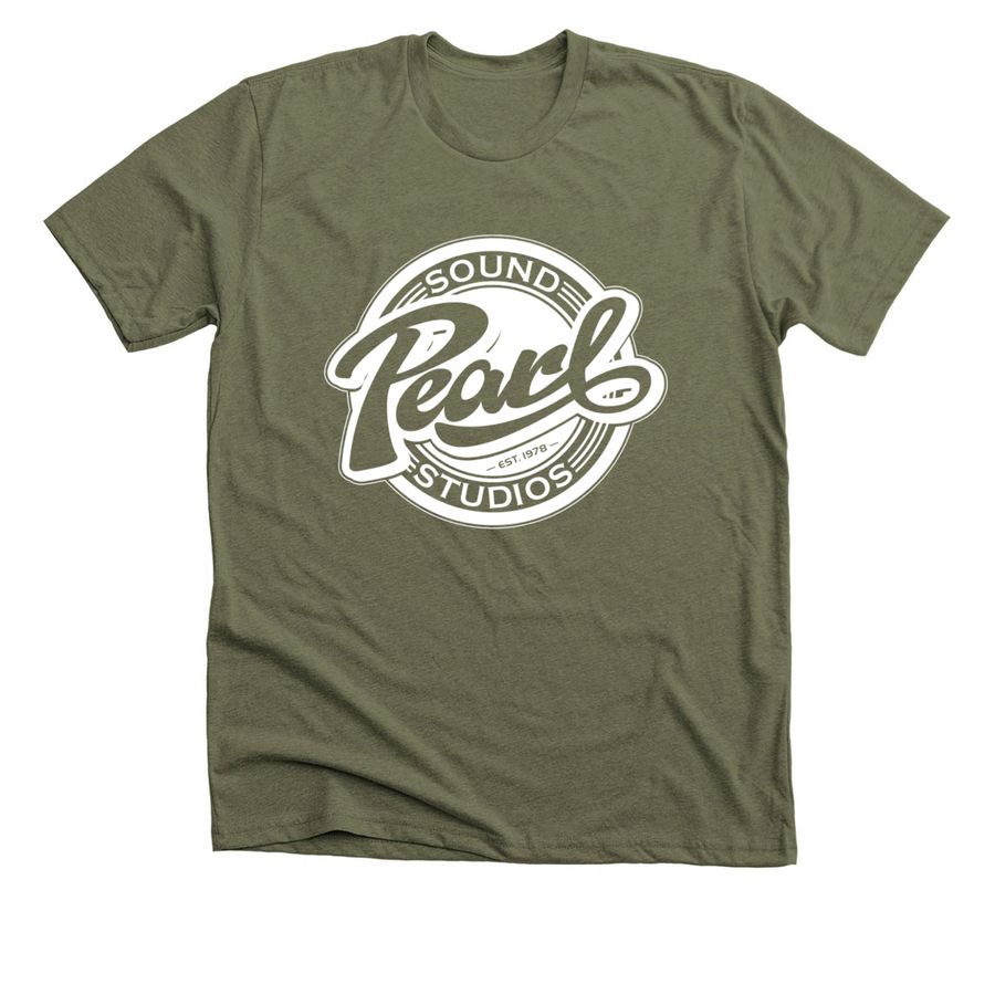 Pearl Sound Studios Apparel w/White Logo, a Heather Olive Premium Unisex Tee