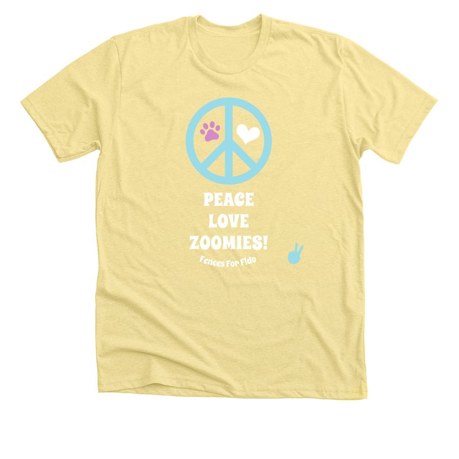 Peace. Love. ZOOMIES!, a Heather Yellow Gold Premium Unisex Tee