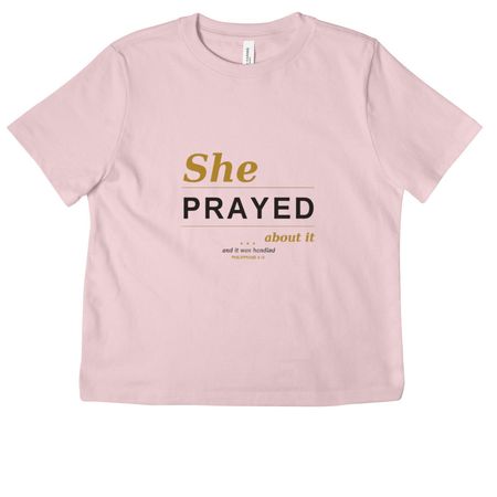 She Prayed About It ? Faith Statement Tee, a Soft Pink Women's Heavyweight Tee