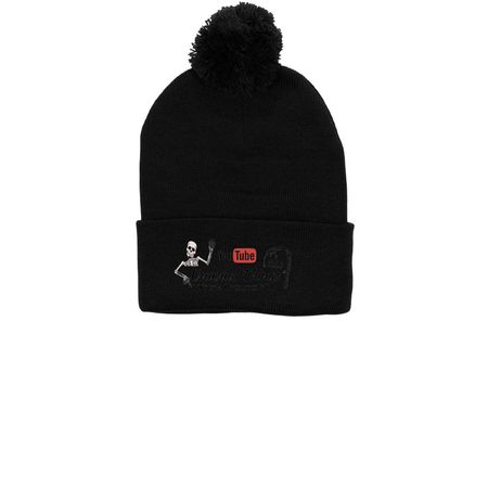 Beanie Hats&nbsp;, a Black Printed Pom-Pom Beanie